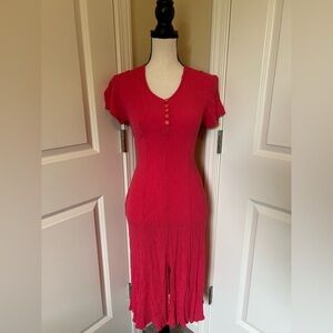 Vintage pink/Red Button-Front lace back cinch waist V-neck short sleeve dress